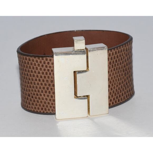 Leigh Elena Project Paz Exotic Lizard Skin Wide Jigsaw H Cuff Bracelet - Picture 1 of 9